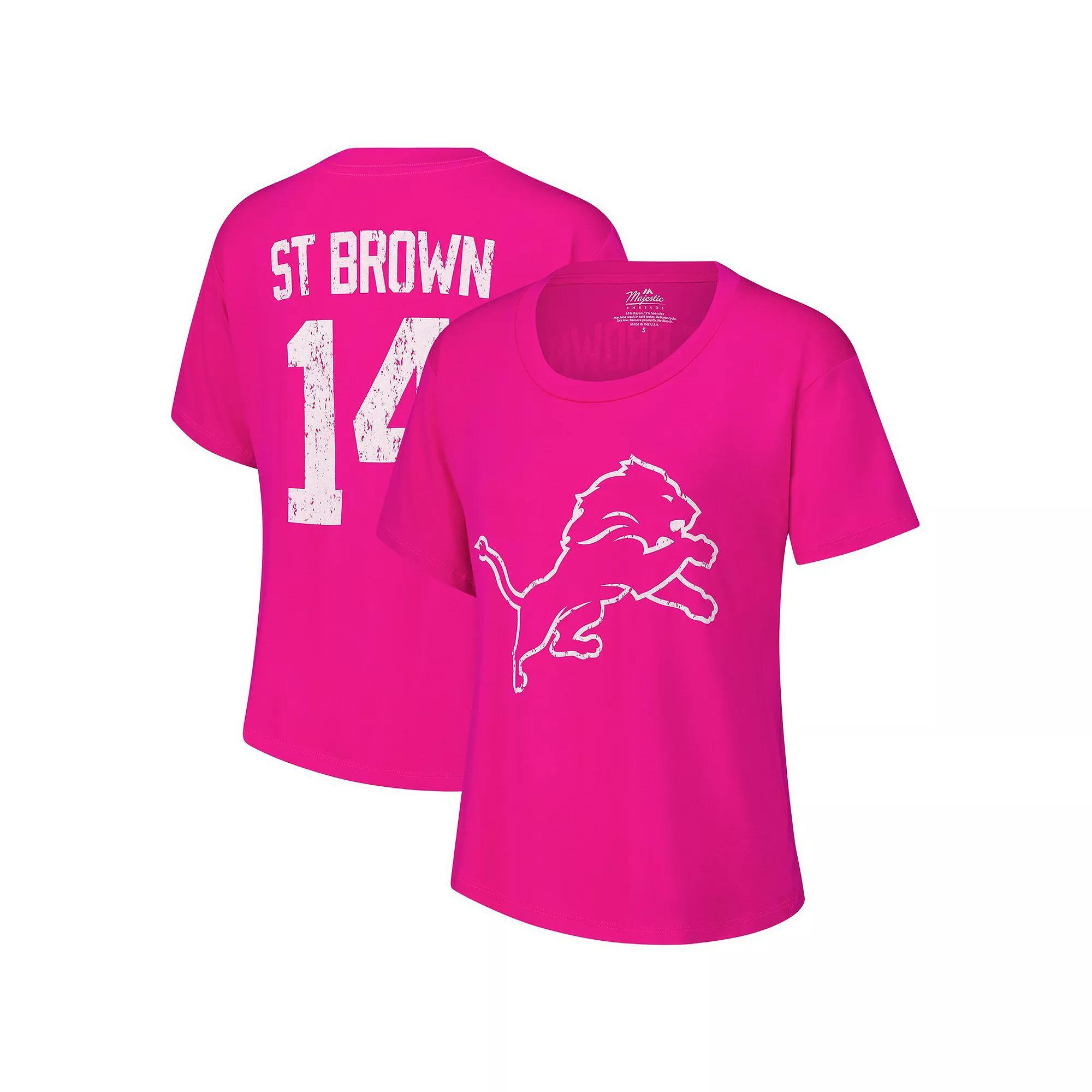 Women's Majestic Threads Amon-Ra St. Brown Pink Detroit Lions Name & Number T-Shirt, Size: Medium Product Image