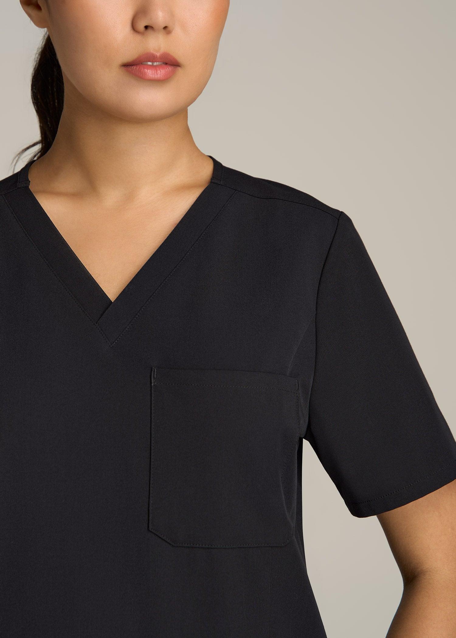 Short Sleeve V-Neck Scrub Top for Tall Women in Black Product Image