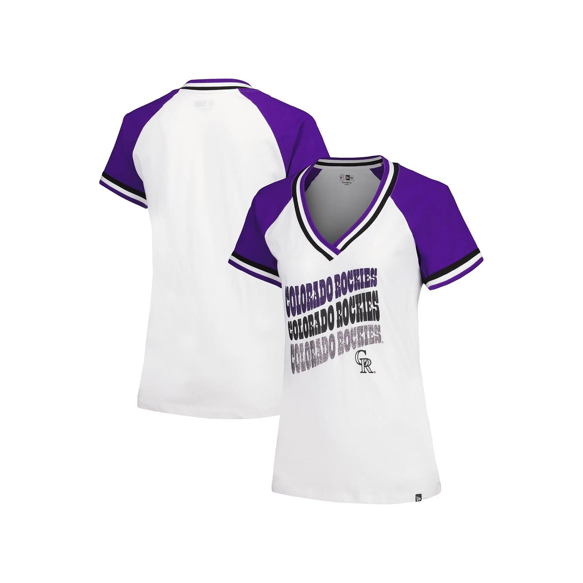 Women's New Era White Colorado Rockies Jersey Double Binding Raglan V-Neck T-Shirt, Size: XS Product Image