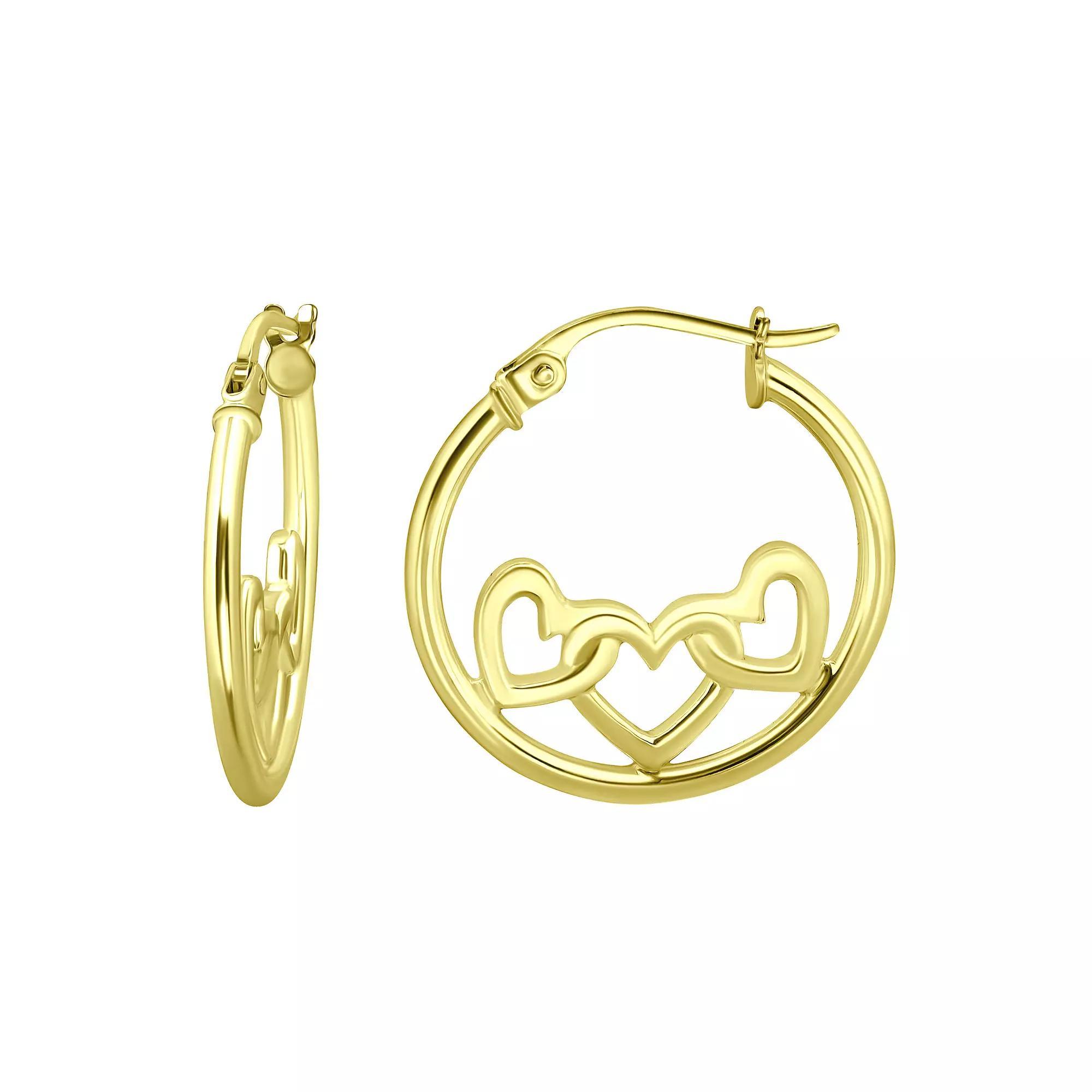 Aleure Precioso Sterling Silver 3 Heart Center Hoop Earrings, Women's, Gold Tone Product Image