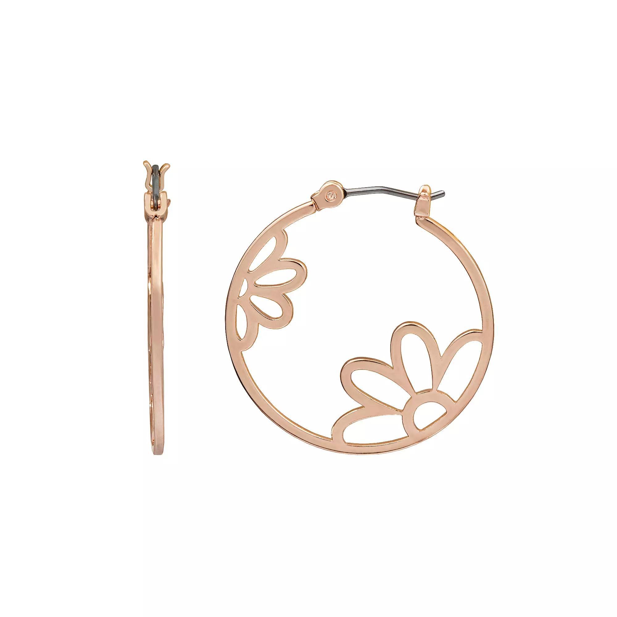 LC Lauren Conrad Floral Nickel Free Hoop Earrings, Womens, Rose Gold Tone Product Image