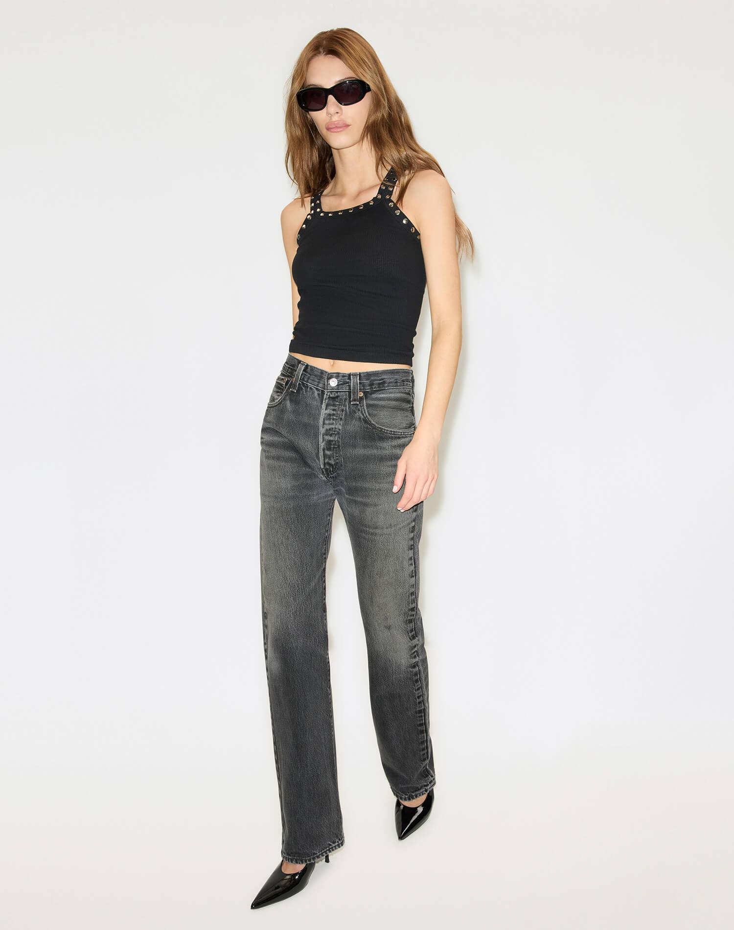 Studded Ribbed Tank - Black Product Image