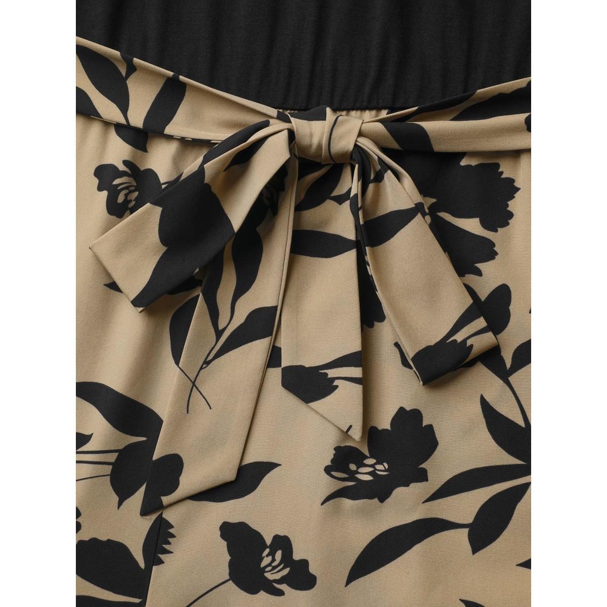 Plus Size Tan Floral Print Spliced Belted Wide-Leg Jumpsuit Women Elegant Short sleeve V-neck Everyday-Elegant Loose Jumpsuits BloomChic 12/L Product Image