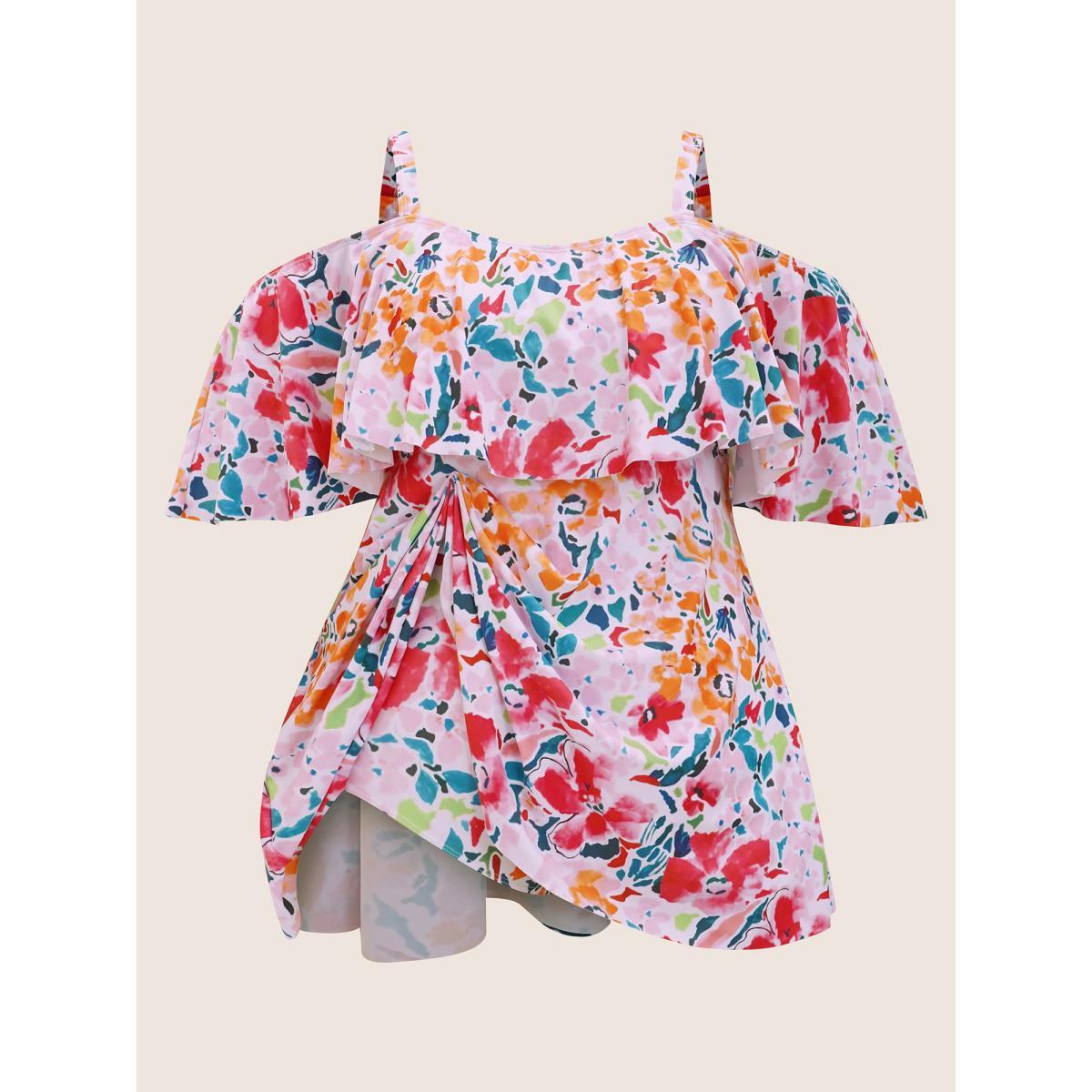 Plus Size Tropical Adjustable Straps Cold Shoulder Ruffles Trim Swim Dress Women's Swimwear Peach Beach Bodycon One-shoulder neck High stretch Curve Swim Dresses BloomChic 12/L Product Image
