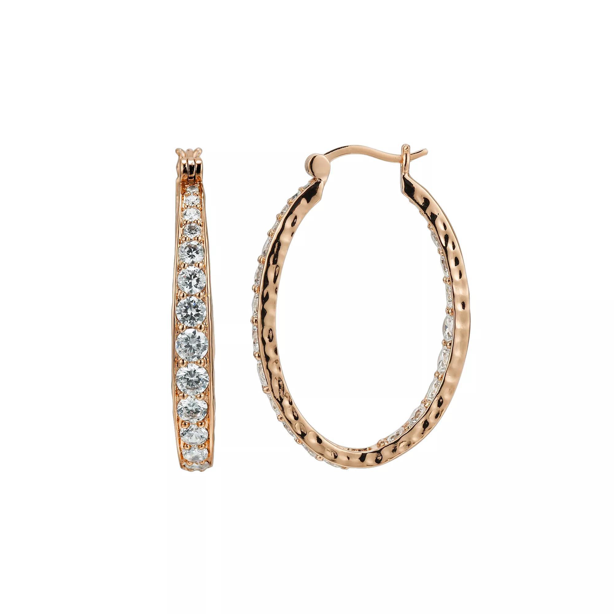 18k Rose Gold Over Silver-Plated Cubic Zirconia Hammered U-Hoop Earrings, Women's, White Product Image