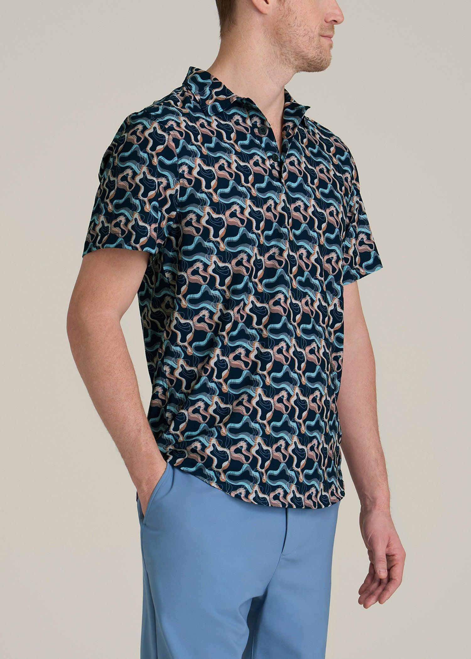 Coastal Perforated Tall Men's Polo Shirt in Blue and Rose Abstract Product Image