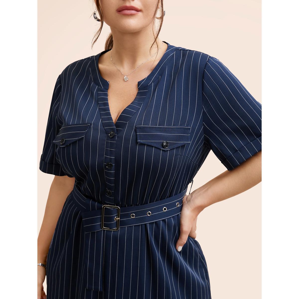 Plus Size Striped Notched Button Detail Belted Dress Navy Women At the Office Belted Flat collar with V-notch Short sleeve Curvy BloomChic 10/M Product Image