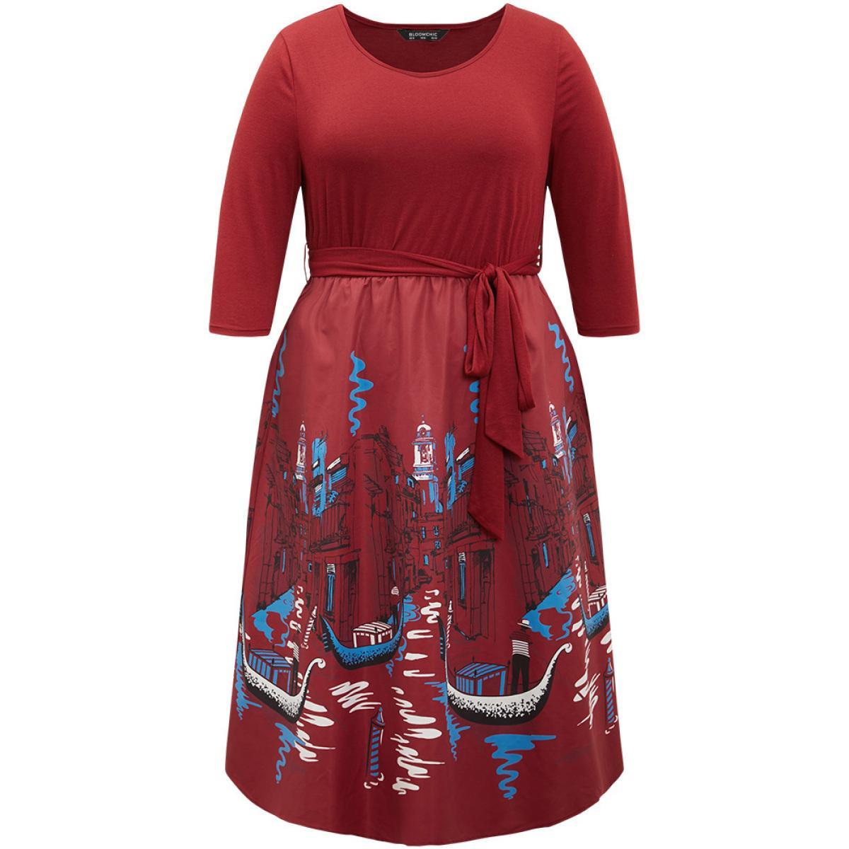 Plus Size Boho Print Patchwork Belted Gathered Dress Scarlet Women Office Printed Round Neck Elbow-length sleeve Curvy Midi Dress BloomChic 28/5X Product Image