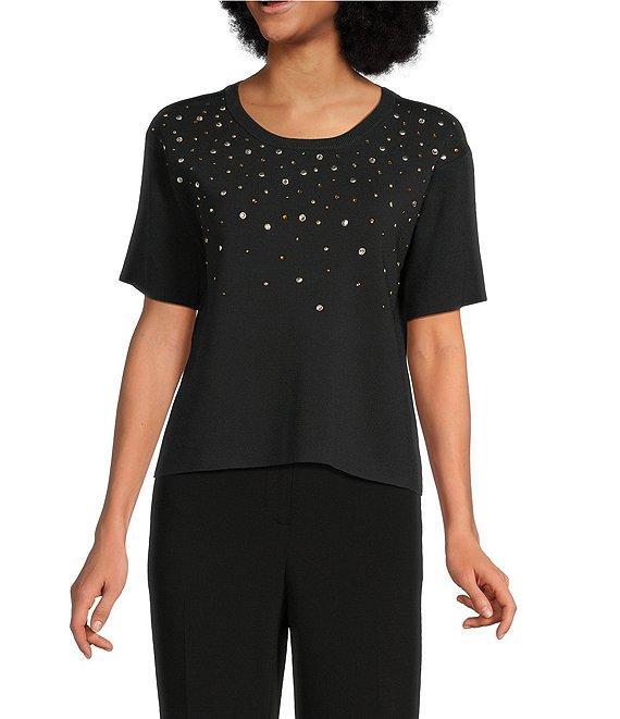 KARL LAGERFELD PARIS Knit Rhinestone Crew Neck Short Sleeve Top Product Image