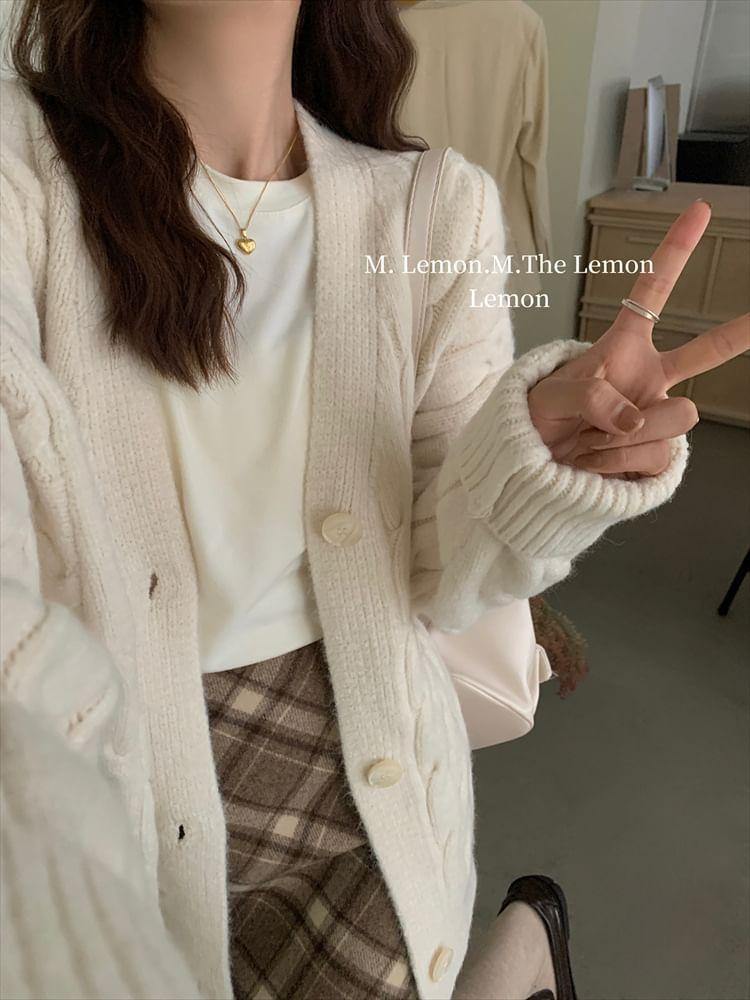 V-Neck Cable Knit Oversized Cardigan Product Image