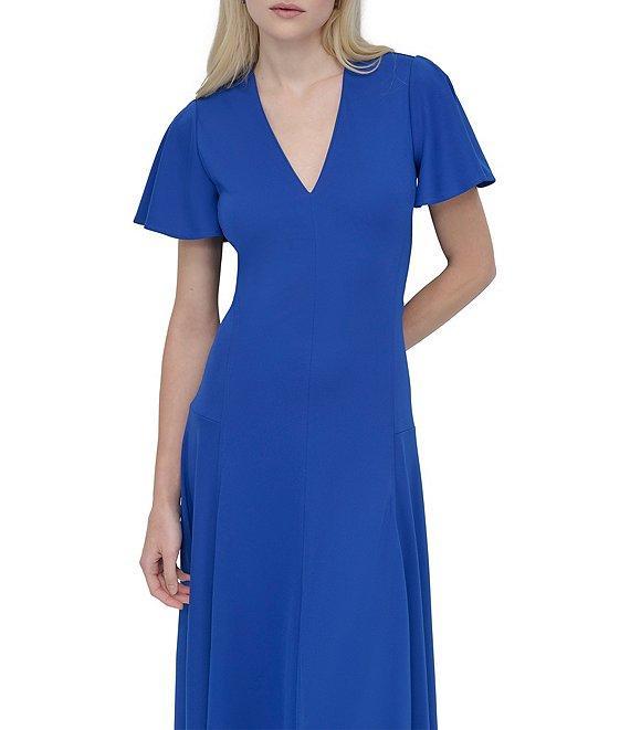 DKNY by Donna Karan Matte Jersey V Neck Short Sleeve Fit and Flare Midi Dress Product Image
