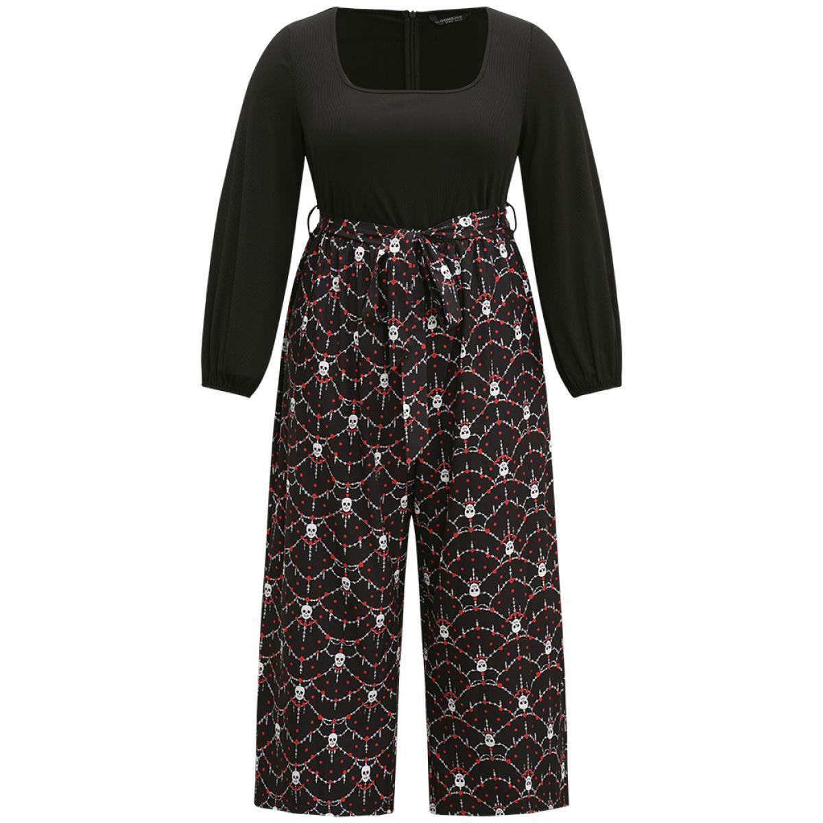 Plus Size Black Halloween Skull Print Patchwork Belted Jumpsuit Women Elegant Long Sleeve Square Neck Festival-Halloween Loose Jumpsuits BloomChic 28/5X Product Image