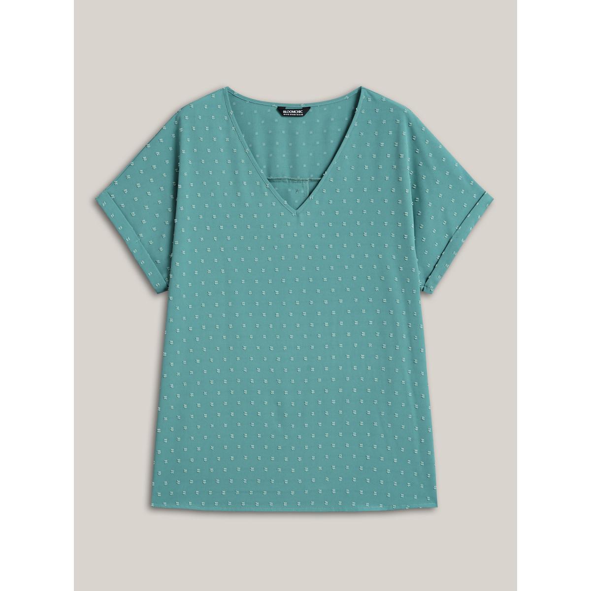 Plus Size Teal Back-Button Textured V-Neck Shirt Women Elegant Short sleeve V-neck Everyday Blouses BloomChic 22-24/3X Product Image