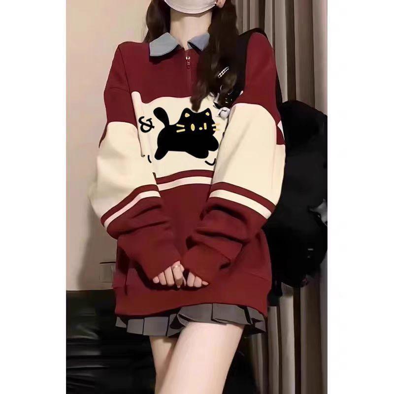 Long-Sleeve Half Zip Collared Two Tone Cat Print Polo Shirt Product Image