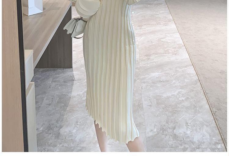 Long Sleeve Petal Cuff Mock Neck Plain Ribbed Midi Sheath Sweater Dress Product Image