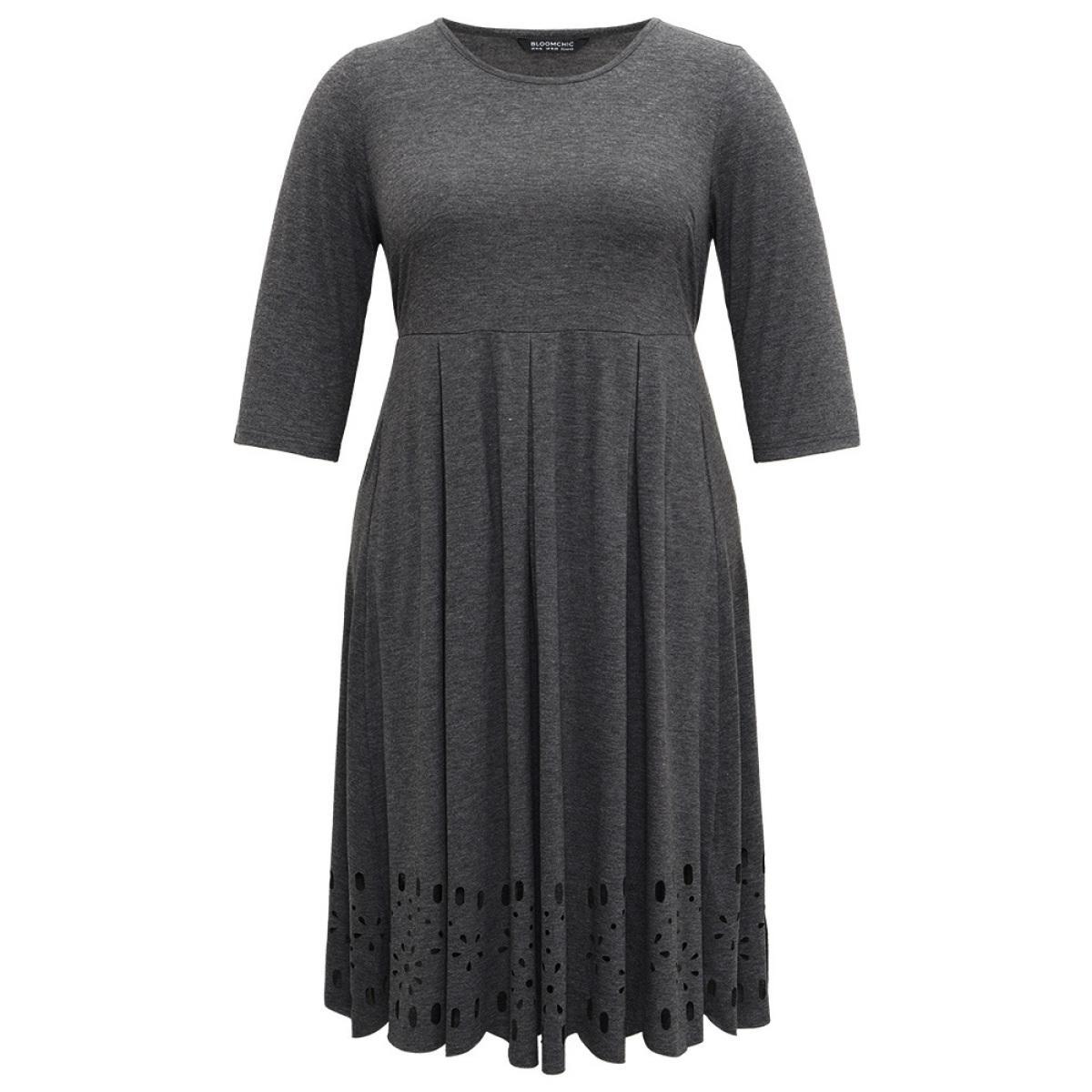 Plus Size Plain Elastic Waist Laser Cut Crew Neck Dress Gray Women Casual Plain Round Neck Elbow-length sleeve Curvy Midi Dress BloomChic 10/M Product Image