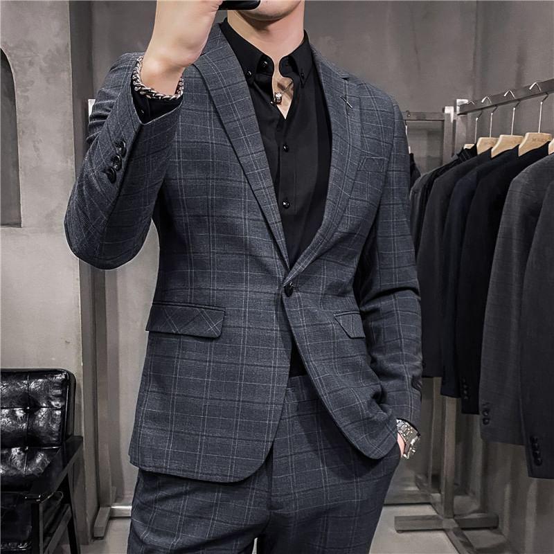 Plaid One Buttoned Blazer / High Waist Straight Leg Dress Pants / Set Product Image