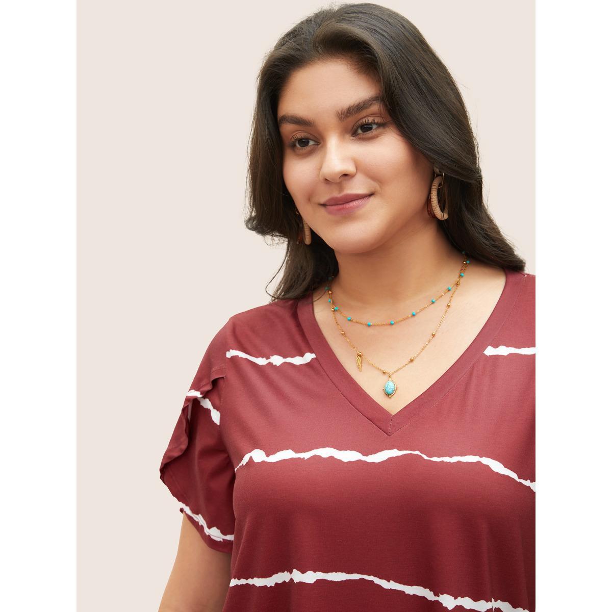 Plus Size Striped Contrast Petal Sleeve T-shirt Scarlet Women Elegant Striped Everyday T-shirts BloomChic 12/L Product Image