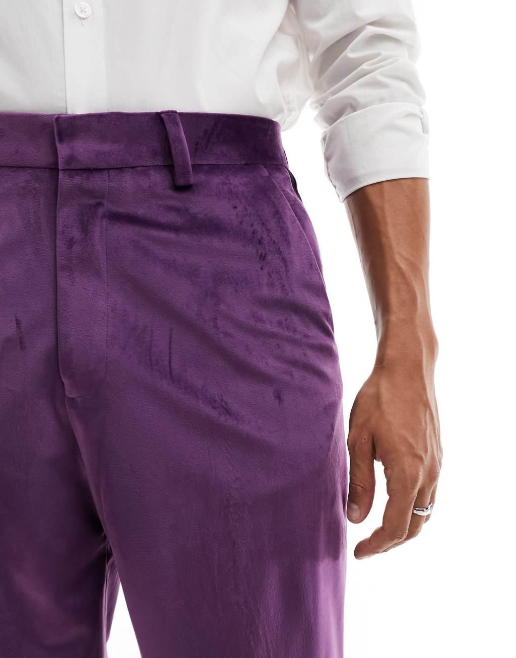 ASOS DESIGN wide leg velvet tuxedo suit pants in purple Product Image