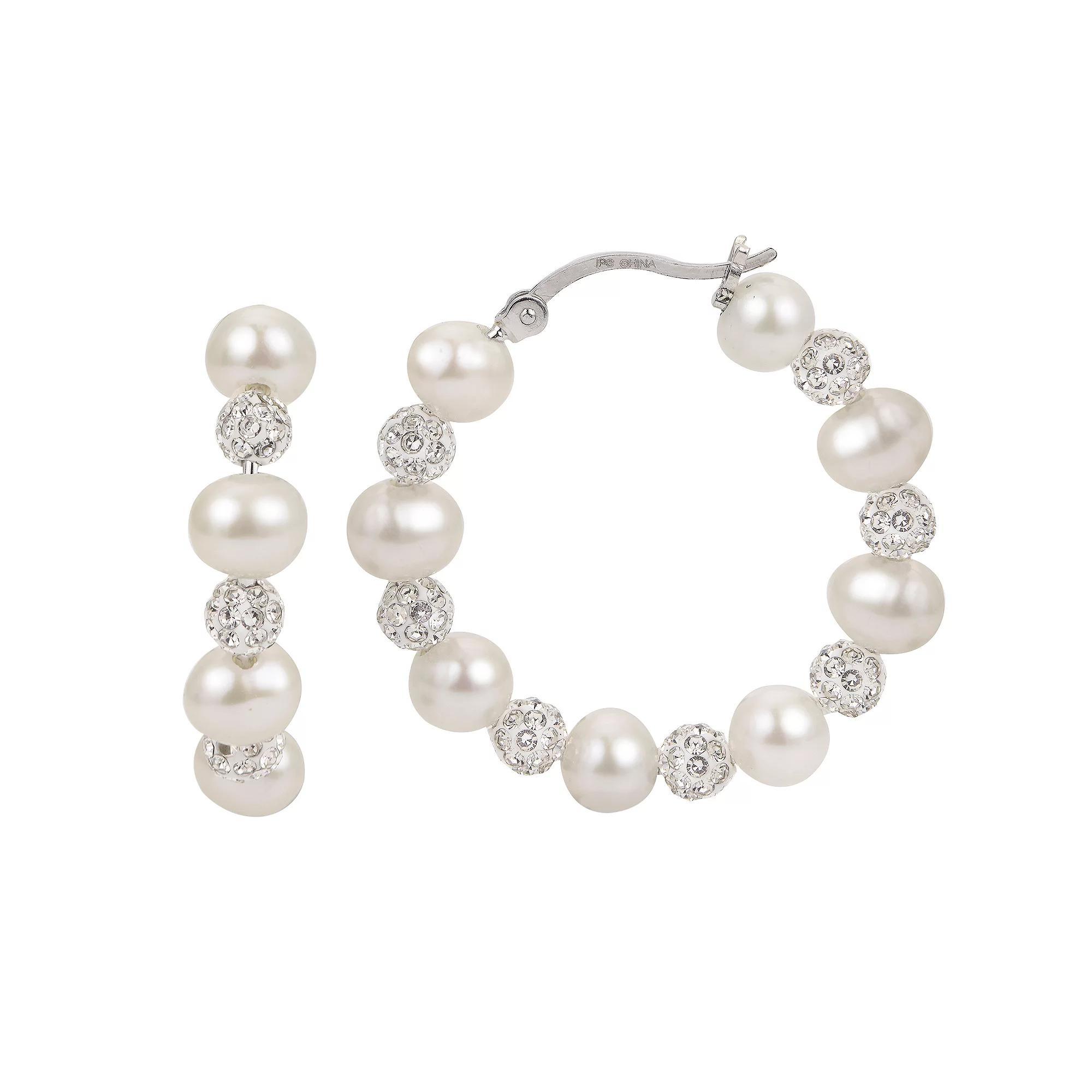 PearLustre by Imperial Sterling Silver Freshwater Cultured Pearl & Crystal Bead Hoop Earrings, Womens Product Image
