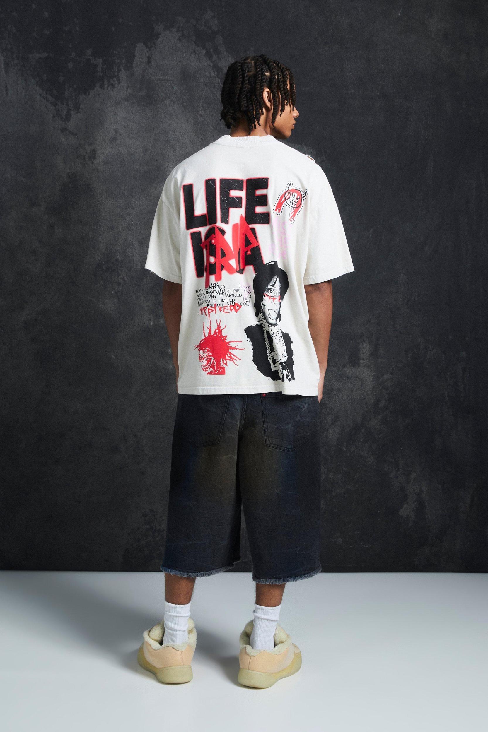Trippie Redd Oversized Extended Neck Heavyweight Washed Life T-shirt | boohooMAN USA Product Image