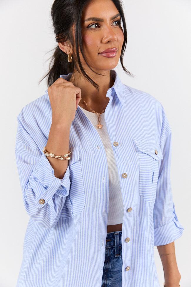 Coastline Walk Blue Striped Linen Blend Button Down Top FINAL SALE Product Image