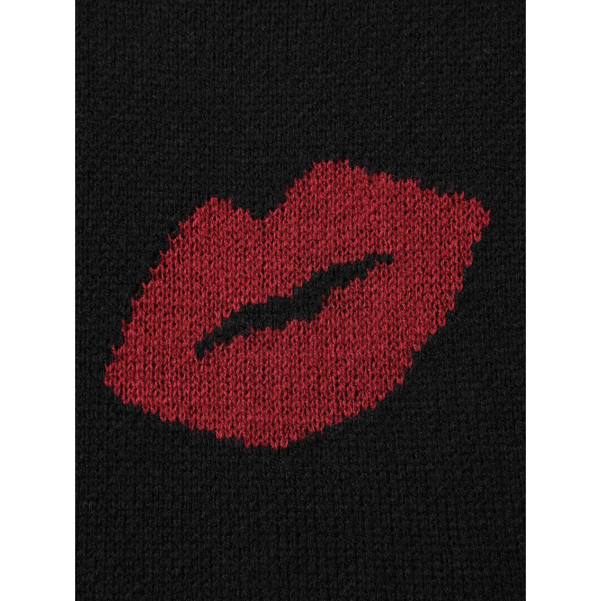 Plus Size Lip Print Contrast Knit Pullover Black Women Casual Loose Long Sleeve V-neck Everyday Pullovers BloomChic 30/6X Product Image