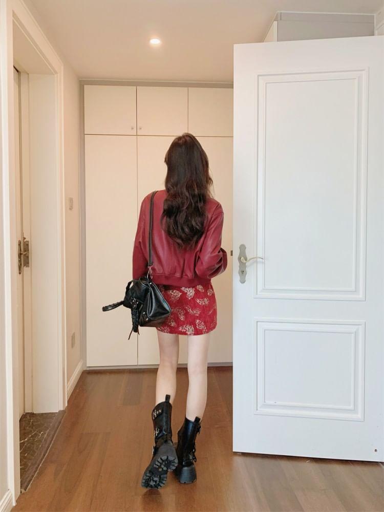 Plain Faux Leather Zip Jacket Product Image