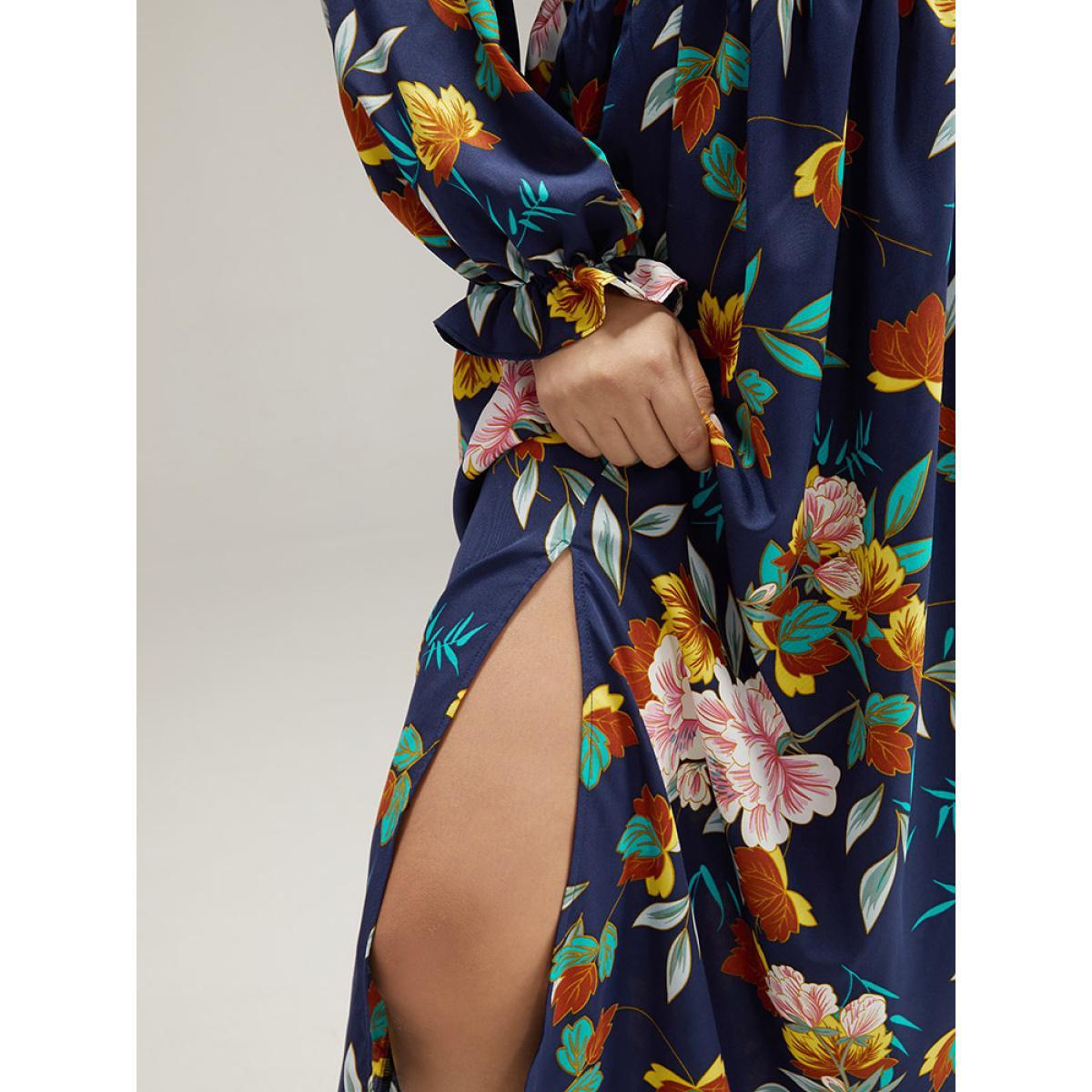 Plus Size Floral Print Split Side Ruffle Trim Dress Navy Women Elegant Printed V-neck Long Sleeve Curvy Midi Dress BloomChic 10/M Product Image