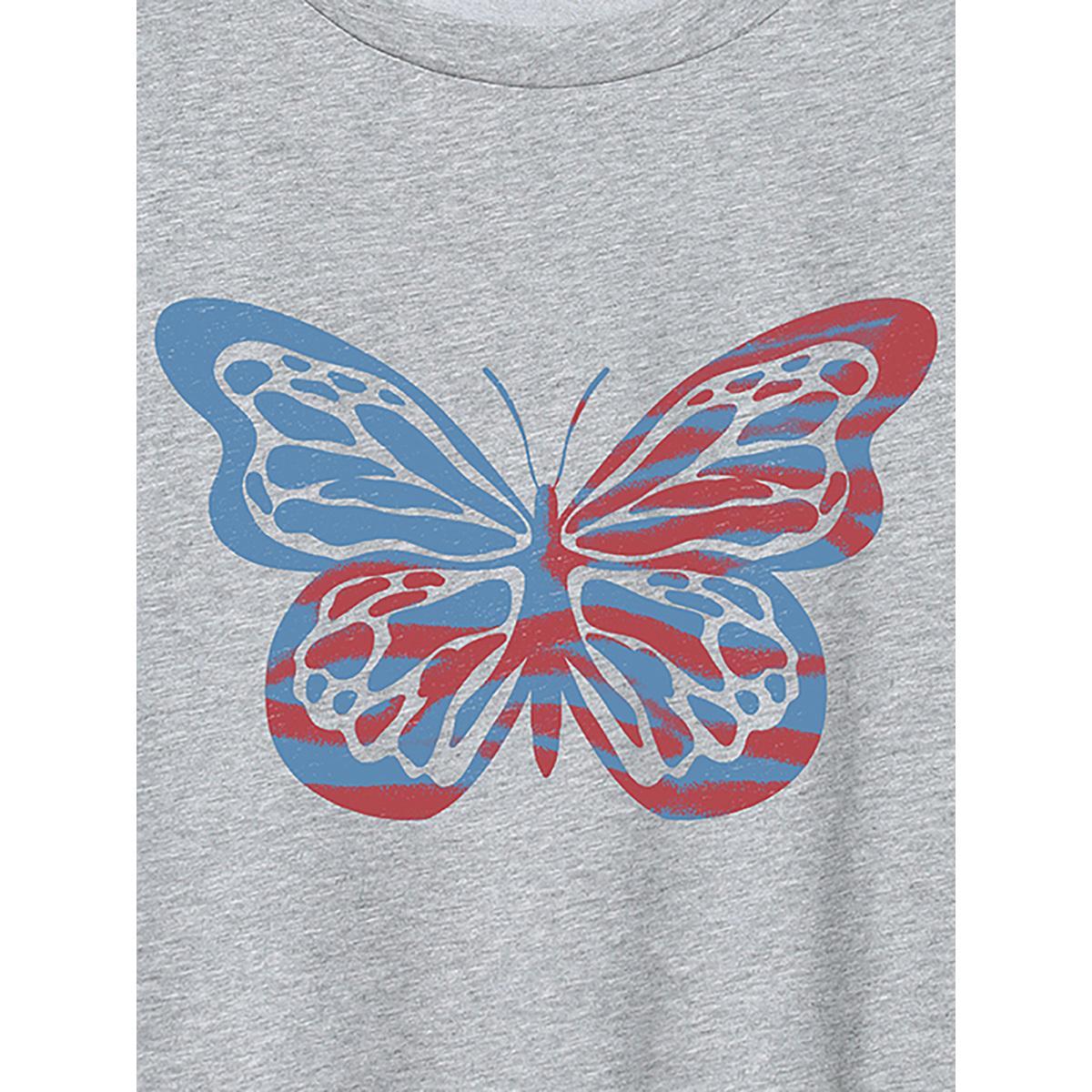Plus Size Colorful Butterfly Print Round Neck T-Shirt Mediumgray Women Non Country Round Neck Everyday-Casual T-shirts BloomChic 22-24/3X Product Image