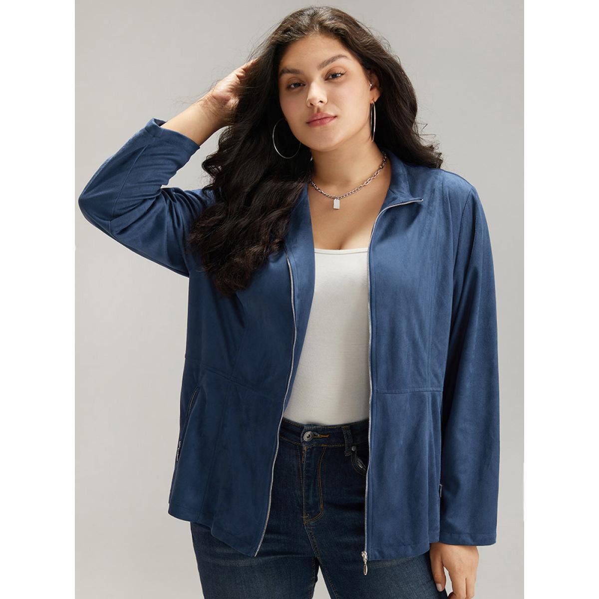 Plus Size Solid Pocket Zipper Jacket Women Indigo Plain Pocket Dailywear Jackets BloomChic 10/M Product Image