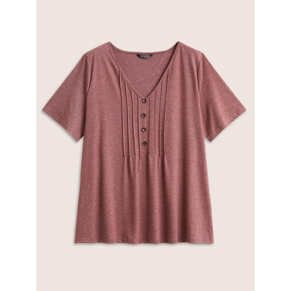 Plus Size Solid Pleated Front Button Detail V Neck T-shirt Russet Women Casual Button Plain Everyday T-shirts BloomChic 30/6X Product Image