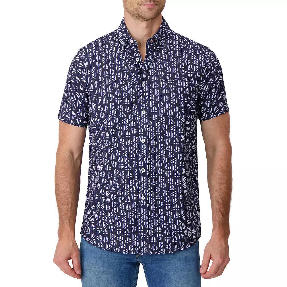 Men's Report Collection Short Sleeve Stretch Tropical Print Woven Button-Down Shirt, Size: Large, Blue Product Image