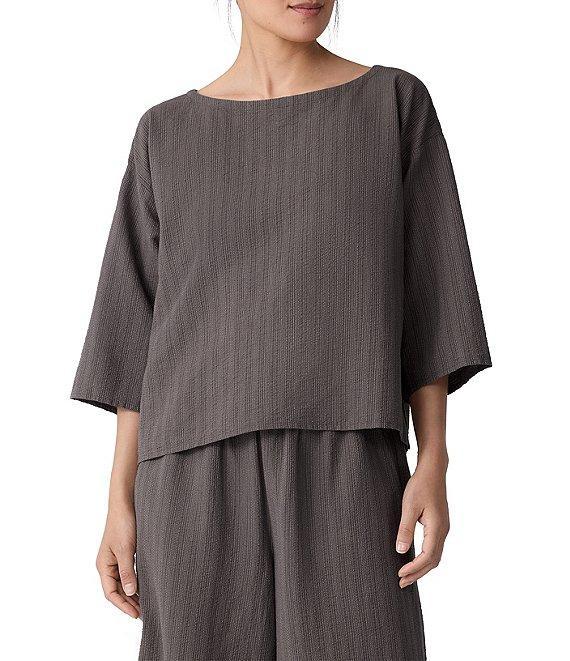 Eileen Fisher Petite Yarn-Dyed Stripe Boat Neck 3/4 Sleeve Box Top Product Image