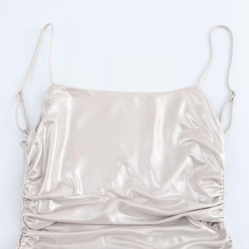Spaghetti Strap Plain Open Back Ruched Maxi A-Line Dress Product Image