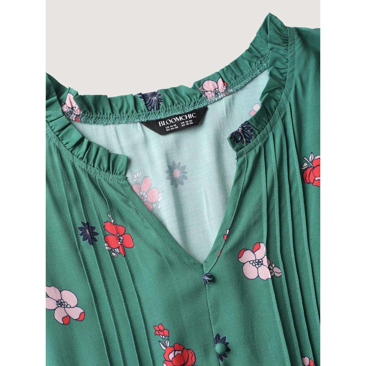 Plus Size Floral Pleated Notched Collar Midi Dress Emerald Women Flat collar with V-notch Short sleeve Curvy BloomChic 26/4X Product Image
