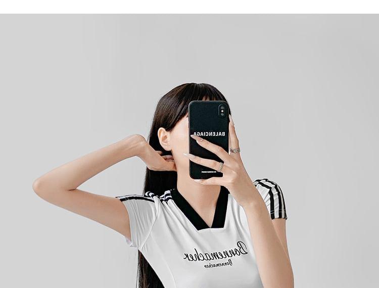 Drawstring Waist Numbering Print Striped Sweat Shorts Product Image
