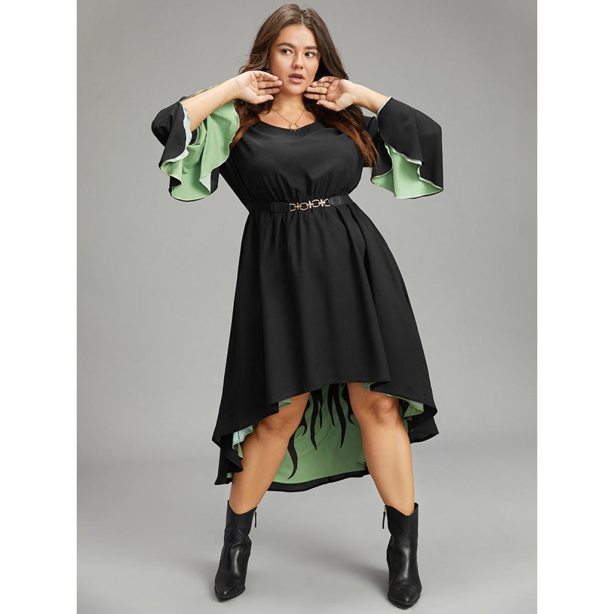 Plus Size Halloween Contrast Split Bell Sleeve High Low Hem Dress Black Women Glamour Lined Round Neck Long Sleeve Curvy Midi Dress BloomChic 12/L Product Image