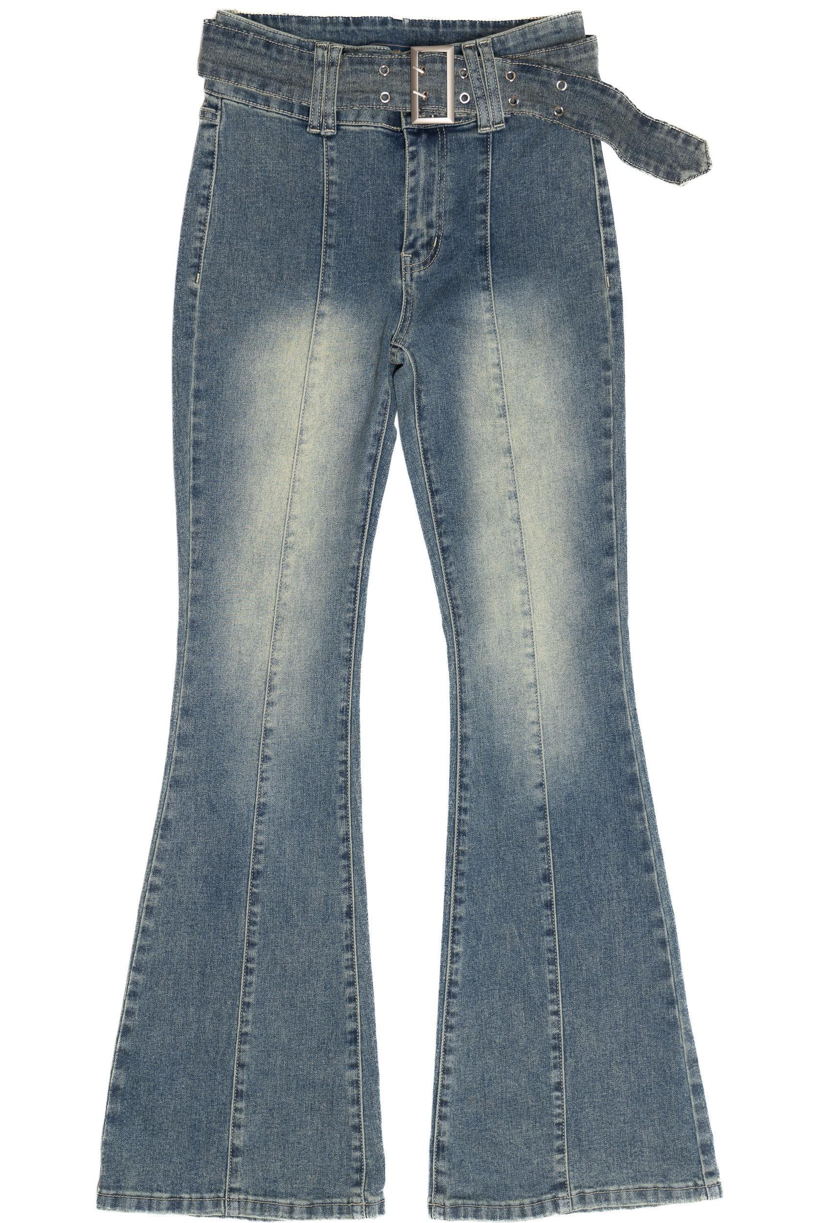 Belted Flare Grunge Wash Jeans Product Image