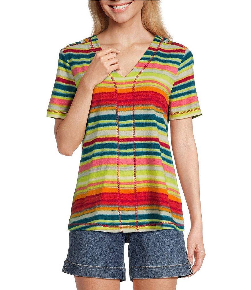 Westbound Petite Size Shimmering Stripe Short Sleeve V-Neck Top Product Image