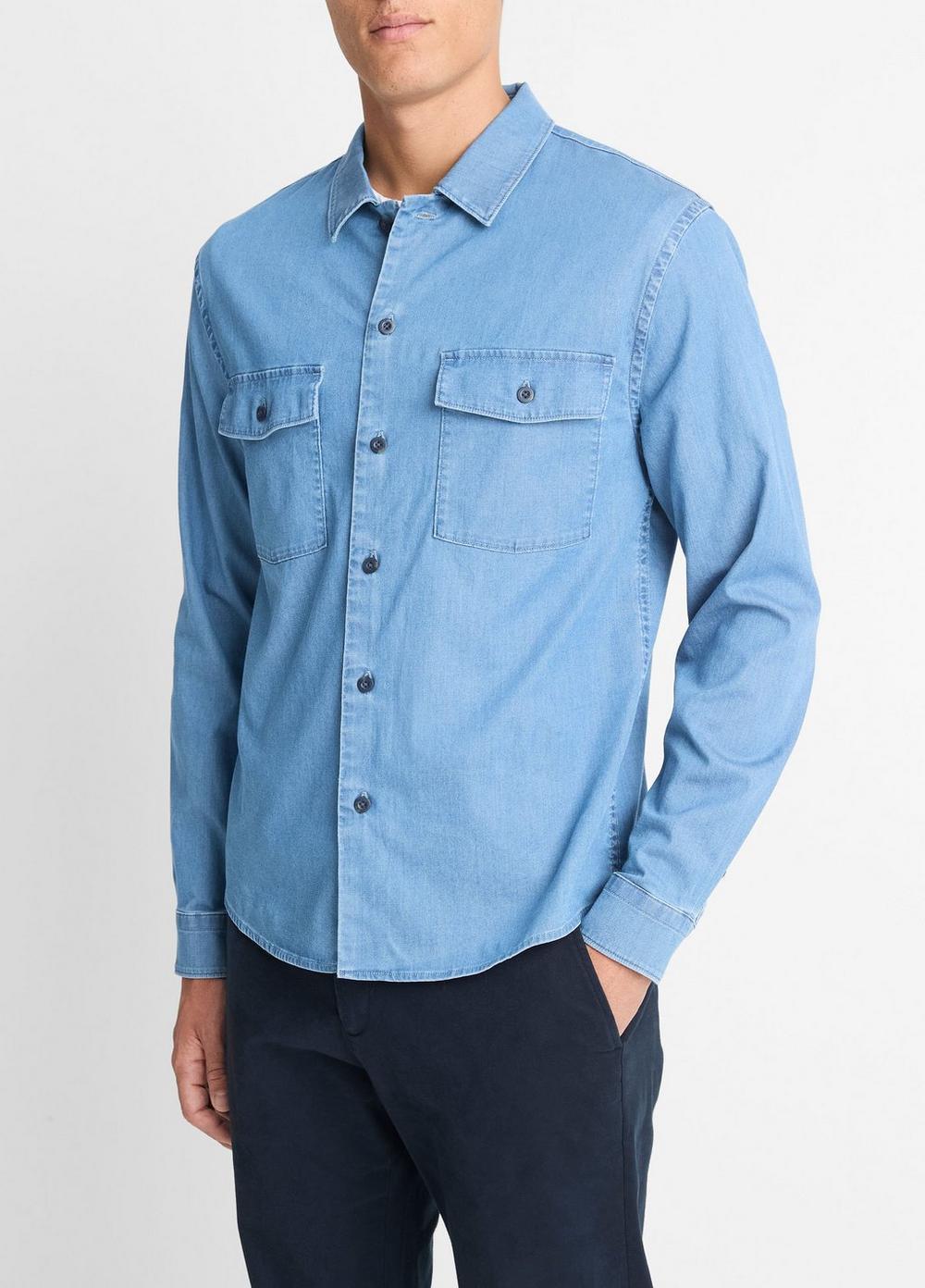 Mens Double Patch-Pocket Cotton Shirt, Washed Waterfall, Size XL Vince Product Image