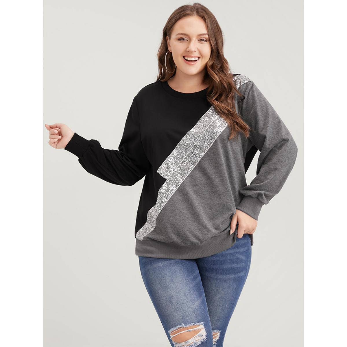 Plus Size Colorblock Contrast Sequin Drop Shoulder Sweatshirt Women DimGray Casual Contrast Round Neck Dailywear Sweatshirts BloomChic 26/4X Product Image