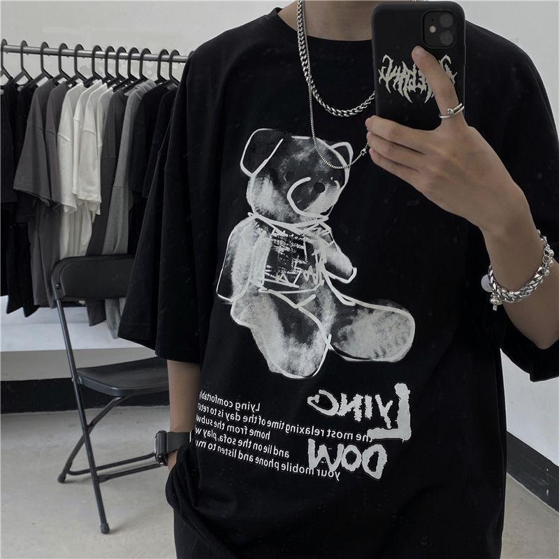 Oversized Lettering Teddy Bear Elbow-Sleeve T-Shirt Product Image