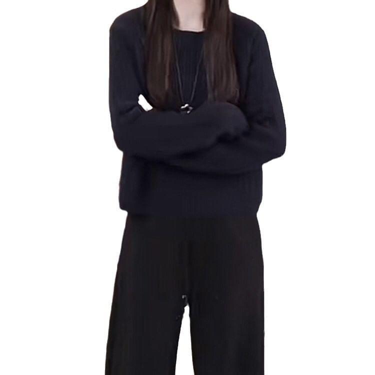 Crew Neck Plain Crop Ribbed Knitted Sweater Product Image