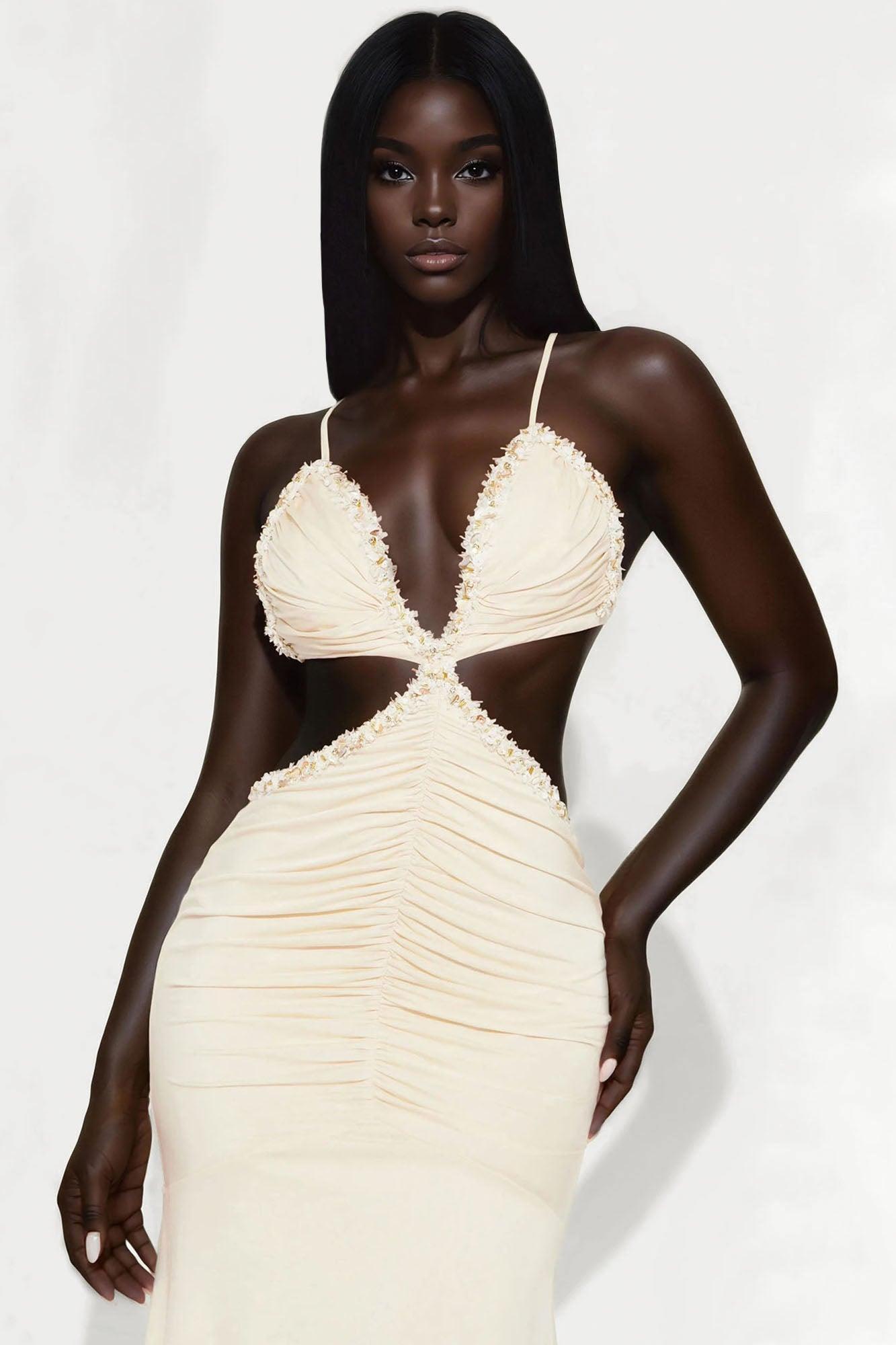 Luxury Vacay Backless Ruched Maxi Dress - Cream Product Image