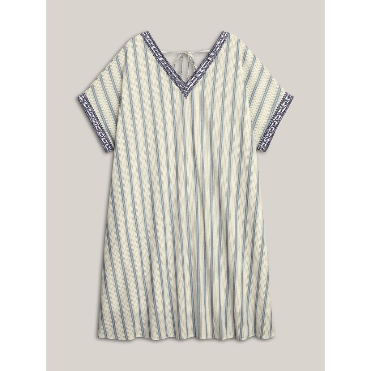 Plus Size Pure Cotton Stripe Print Pockets Midi Dress Ivory Women V-neck Short sleeve Curvy BloomChic 18-20/2X Product Image