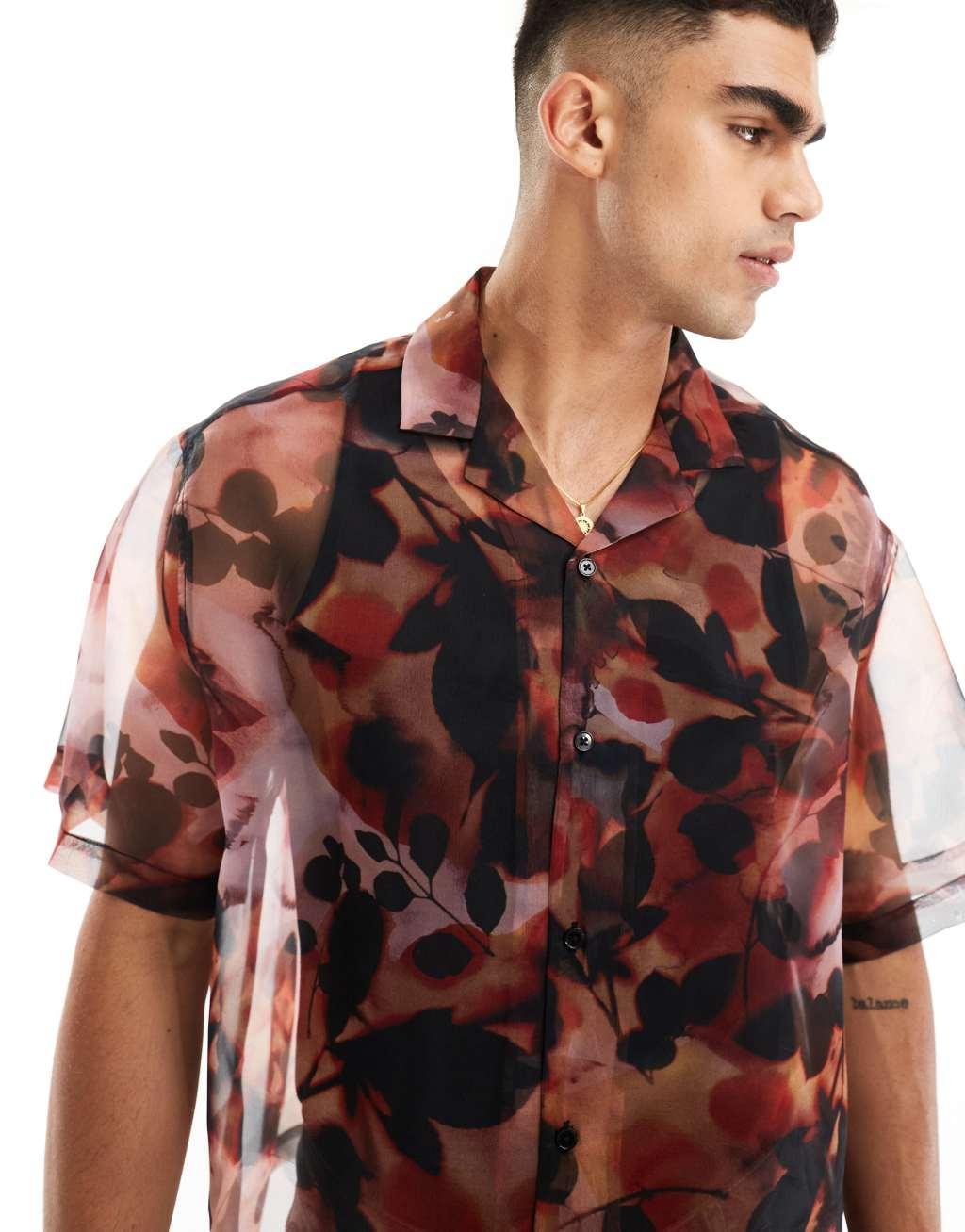 ASOS DESIGN oversized revere shirt with watercolor floral print Product Image