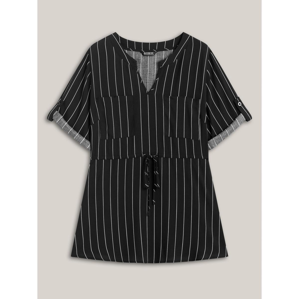 Plus Size Black Striped Waist-Tie Pockets Blouse Women At the Office Elbow-length sleeve Notched collar Work Blouses BloomChic 30/6X Product Image