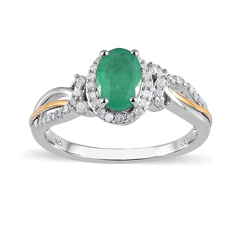 Two Tone Sterling Silver Oval Emerald & 1/4 Carat T.W. Diamond Split Shank Ring, Women's, Size: 6 Product Image