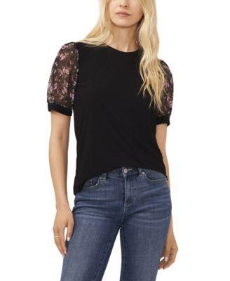CeCe Womens Scattered Daisy Short Puff Sleeve Knit Top Product Image